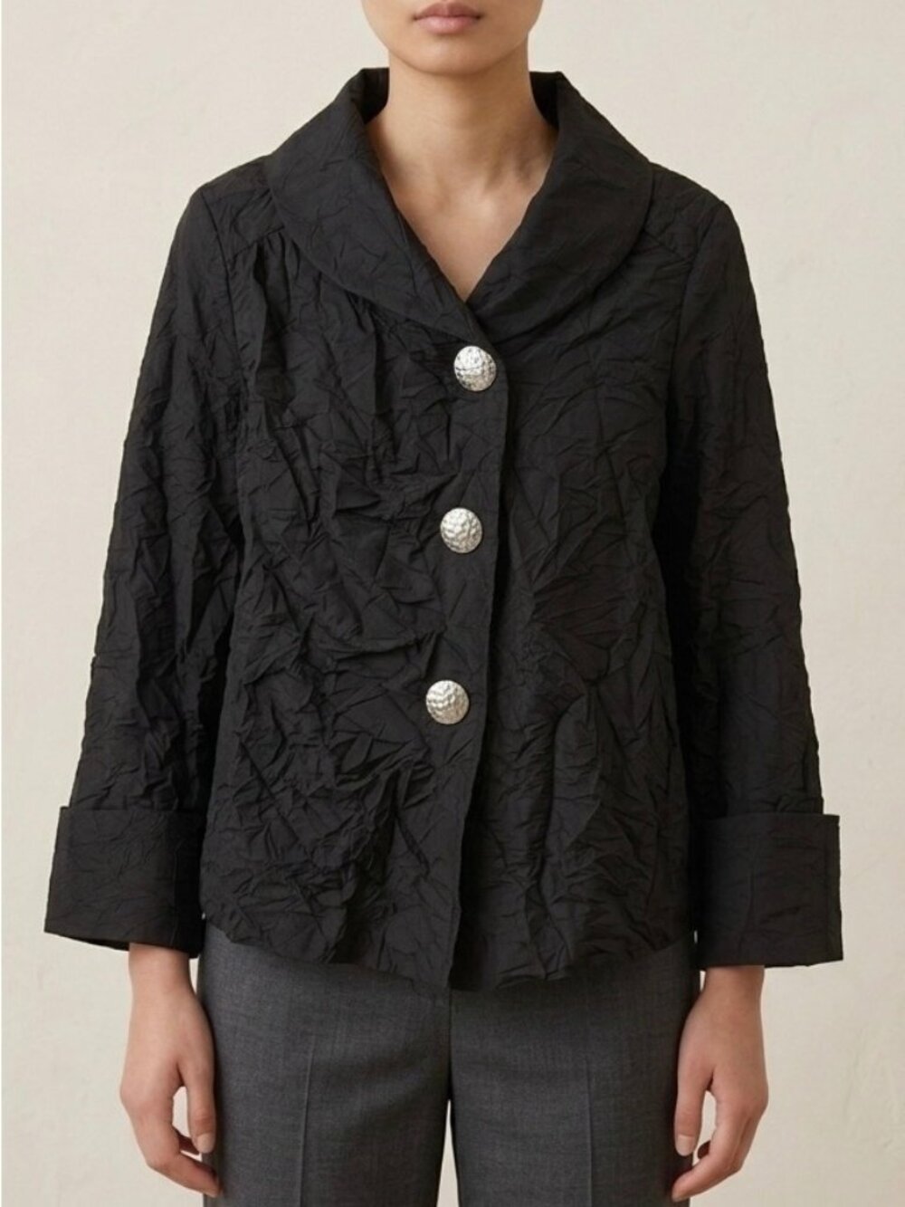 IC by Connie K Lightweight Crinkle Jacket Size Medium Black Artsy Lagenlook Chic